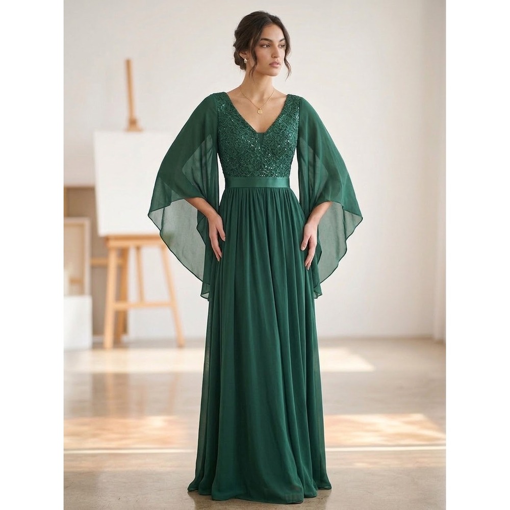 Miusol Forest Green Lace Sequin Cape Sleeve Formal Evening Maxi Dress Small